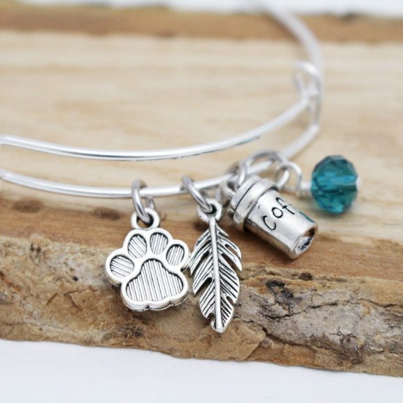 Paw Print, Feather & Coffee Cup Adjustable Charm Bangle - Handcrafted - Picture 1 of 4